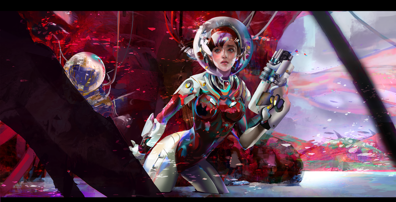 artwork, digital art, space suit, women, plants, water, gun