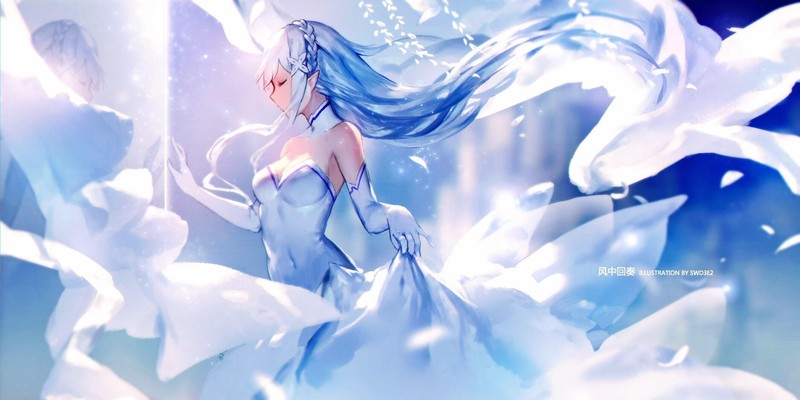 anime, anime girls, blue hair, closed eyes, long hair, blue dress, fantasy girl, Emilia (Re: Zero)