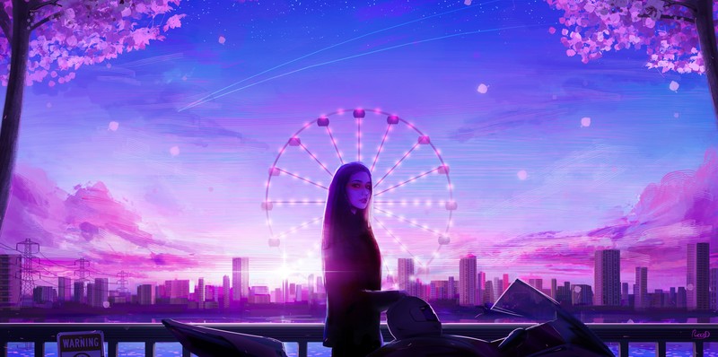 RicoDZ, women, sunset, cityscape, motorcycle, ferris wheel, power lines, trees, stars