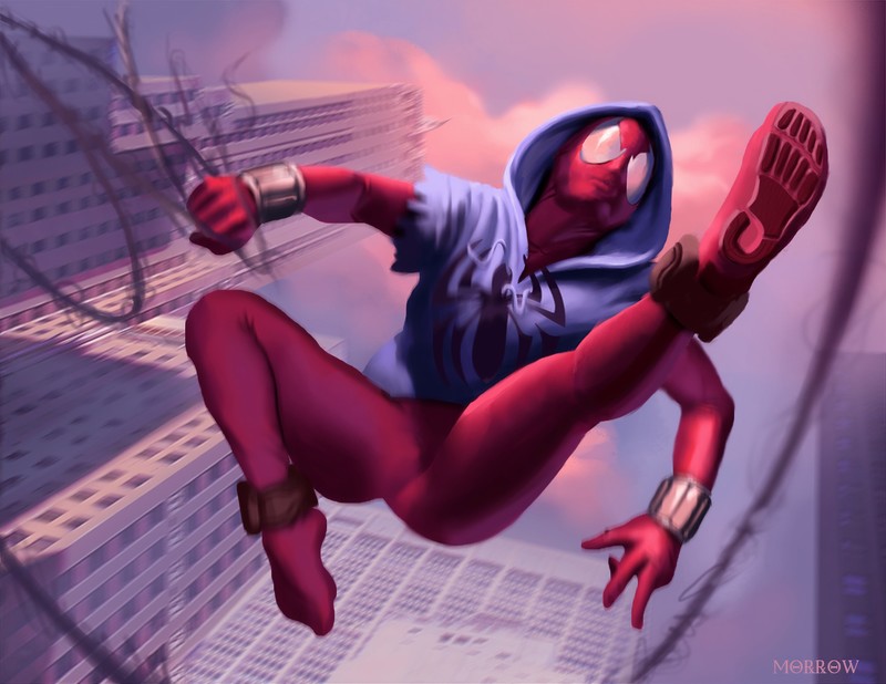 digital, digital art, artwork, Scarlet Spider, city, cityscape, architecture, building, skyscraper, Marvel Cinematic Universe, Marvel Comics, superhero