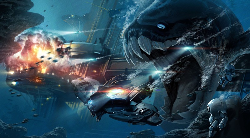 digital, digital art, artwork, fantasy art, water, sea, underwater, deep sea, sea monsters, explosion, surreal, science fiction, attack, battle, laboratories, lights, open mouth, ocean battle, technology, Dunkleosteus