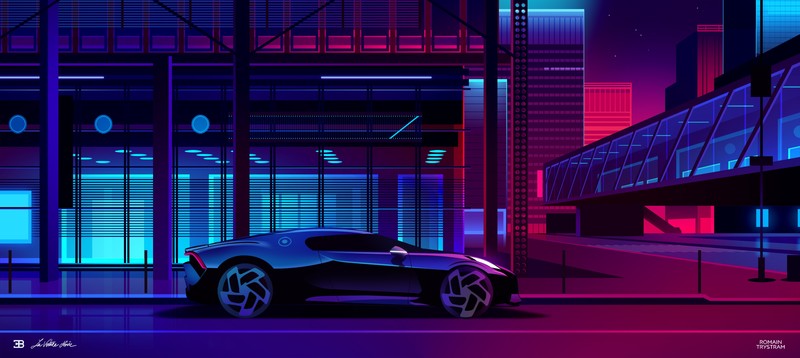 digital, digital art, artwork, car, vehicle, Bugatti La Voiture Noire, lights, city, city lights, neon, neon lights, urban, modern, futuristic, futuristic city, cyberpunk, building, architecture, Architecture models, street, night, cityscape, Romain Trystram, vector art, vector graphics