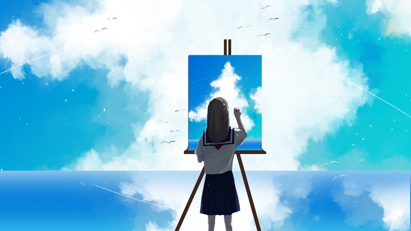 anime, anime girls, women, anime sky, artwork, drawing, painting, painters, school uniform, schoolgirl, sky, clouds, reflection, blue, white, canvas, skyscape, landscape, outdoors, women outdoors, 2D, cyan