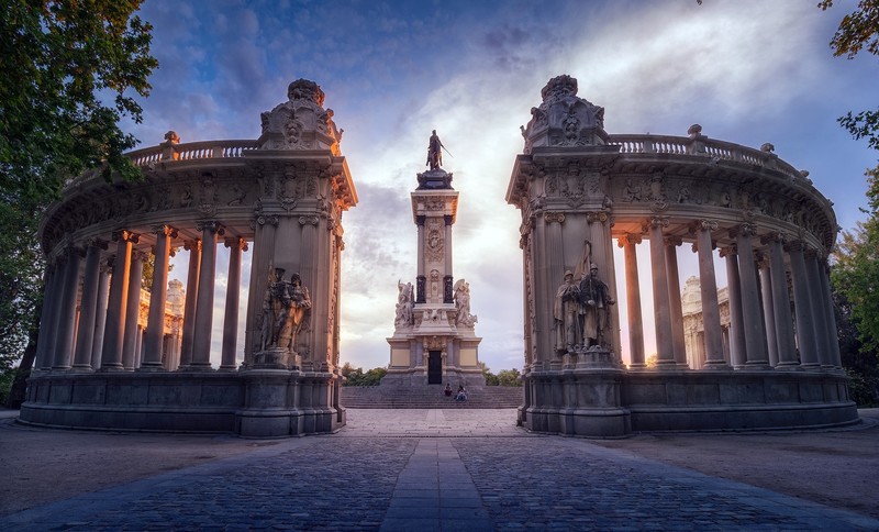 monument, Madrid, Spain, statue, tower, pavements, evening