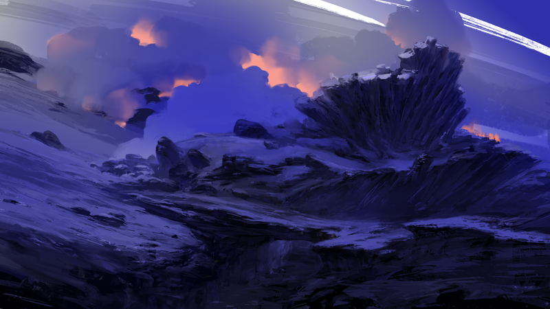 artwork, digital art, rocks, clouds, smoke, sky, night, purple