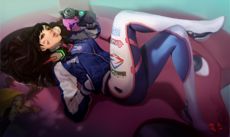 D.Va (Overwatch), Overwatch, video games, gun, weapon, bubble gum, bubblegum, suits, long hair, Korean, women, Hana Song, jacket, artwork, digital art, chips, lying down, logo, Blizzard Entertainment, video game characters