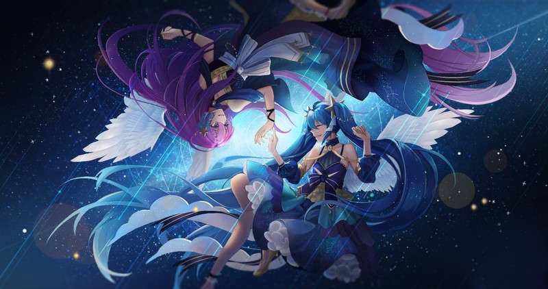 anime, anime girls, digital art, portrait, long hair, space, blue eyes, purple hair, blue hair, open mouth, wings, Smile, dress, ponytail, Vocaloid