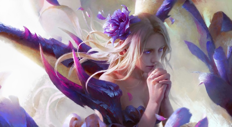 artwork, digital art, women, blonde, flowers, purple eyes, fantasy art, long hair, fantasy girl, praying