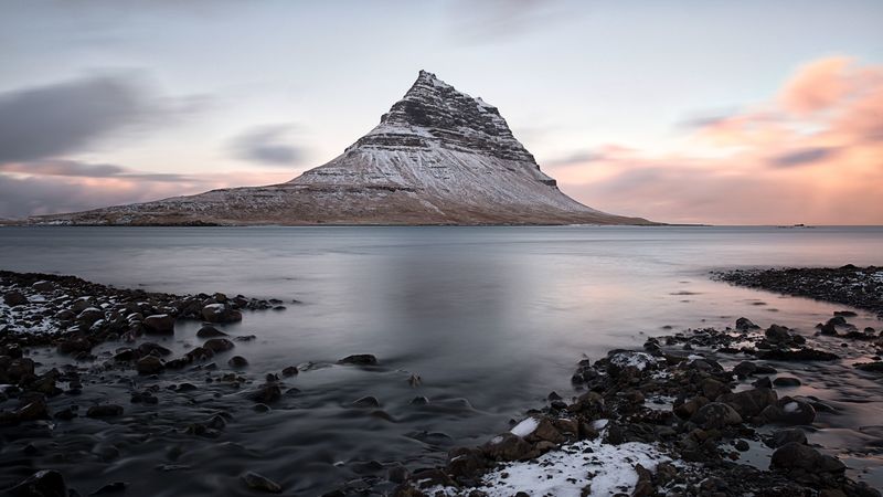 mountain, dusk, water, stones, 4k