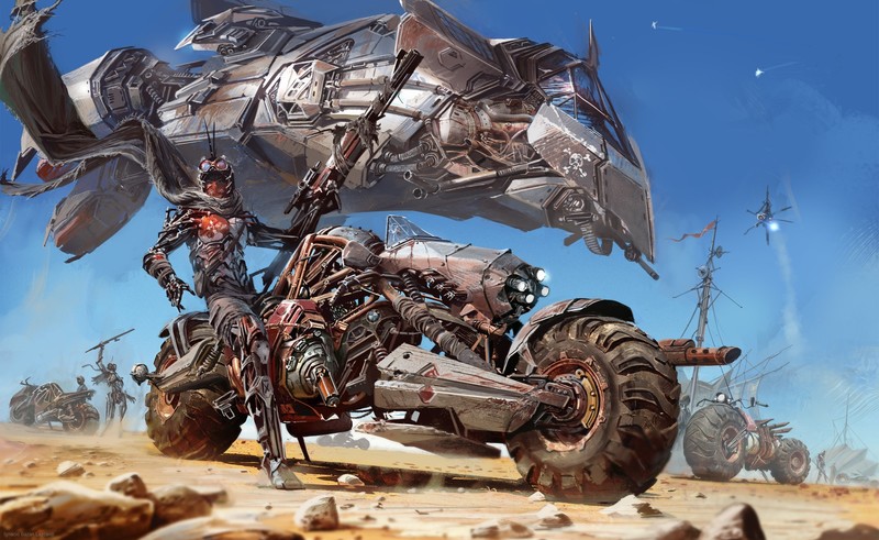 vehicle, artwork, futuristic, motorcycle, desert