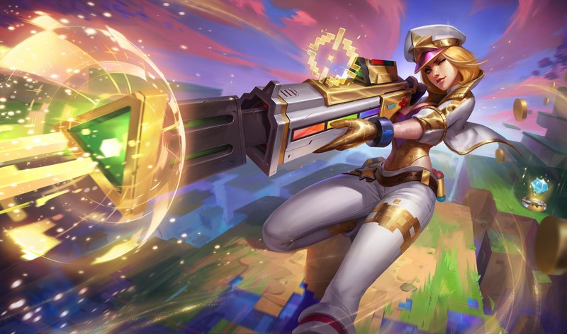 The Prestige, arcade, arcade machine, Caitlyn, Caitlyn (League of Legends), gold, GameBoy Advance, arcade skins, League of Legends, video game girls, video game characters, Arcadia