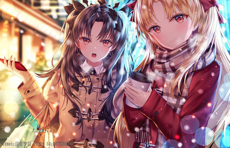anime, anime girls, Fate/Grand Order, FGO, digital art, portrait, black hair, long hair, blonde, ponytail, crown, Ishtar (Fate Grand Order), Ishtar (Fate/grand order), Ereshkigal (Fate/Grand Order), red eyes, scarf, phone, coffee, stores, open mouth