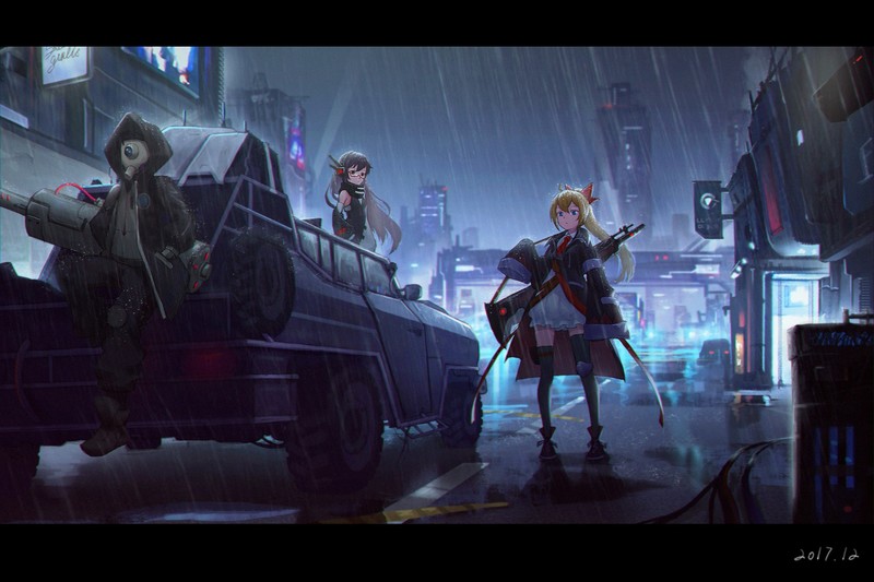 anime, anime girls, portrait, digital art, weapon, car, rain, city, ponytail, glasses, long hair, socks, tie