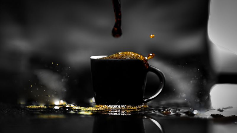 coffee, cup, foam, dark, drink, spray, 4k