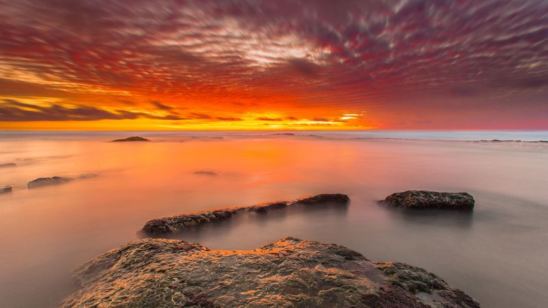 sunset, stones, water, horizon, sky, 4k