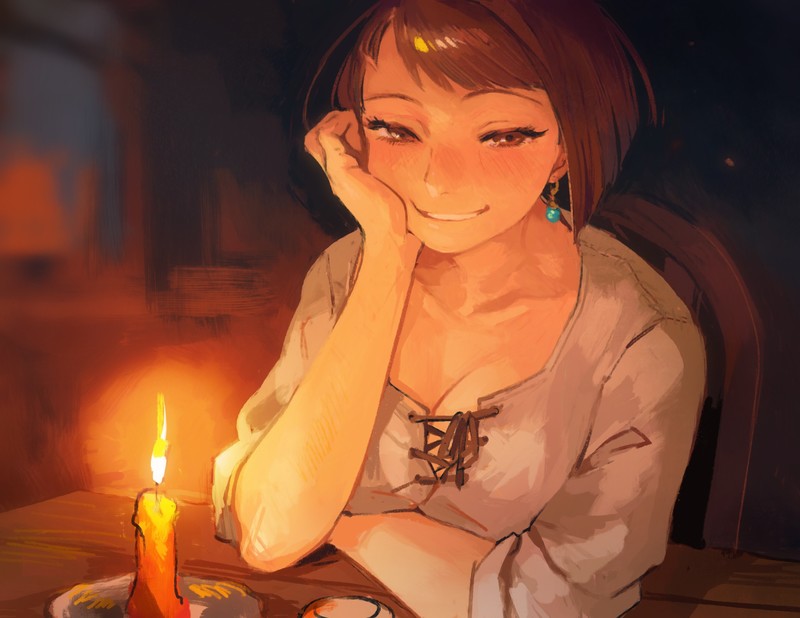 anime girls, original characters, brunette, smiling, blushing, blouses, cleavage, sitting, candles, anime, portrait, RedAkanekoCat, night, dark