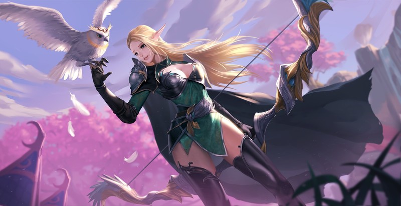 artwork, digital art, elves, birds, blonde, bow, fantasy weapon, fantasy art, long hair