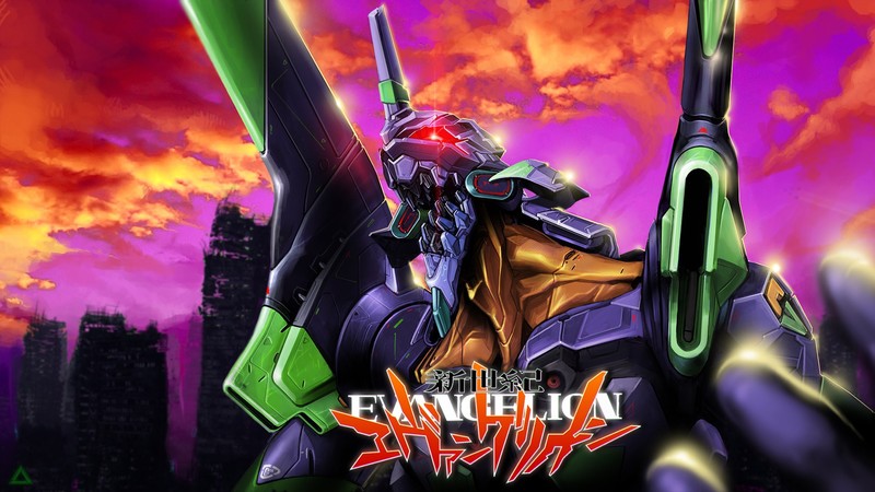 artwork, digital art, Neon Genesis Evangelion, EVA Unit 01, city, ruins, Robots