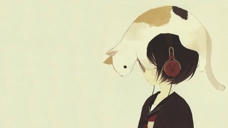digital art, sailor uniform, short hair, headphones, side view, cats, drawn, profile