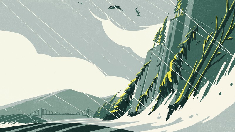 Tom Haugomat, trees, coastline, illustration, artwork, digital art, pine trees, storm, rain