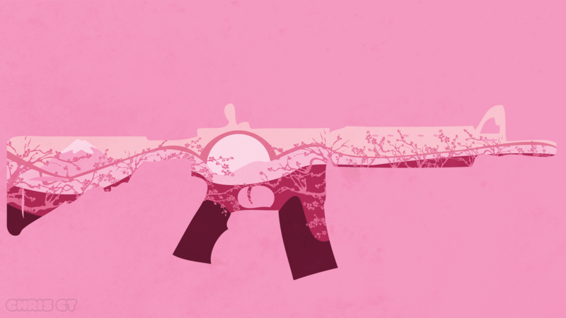 pink, gun, digital art, branch, assault rifle, nature