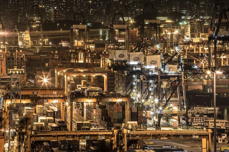 night, lights, harbor, containers, cranes (machine), Hong Kong