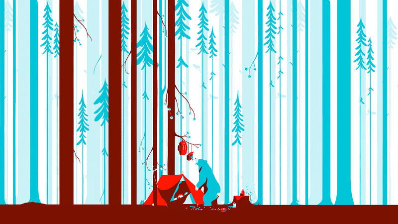 Tom Haugomat, illustration, forest, digital art, artwork, trees, red, cyan