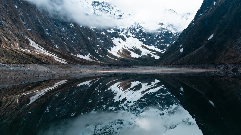 nature, water, mountains, snow, lake, reflection, mist, symmetry, calm waters, New Zealand, Fiordland National Park, lake maria