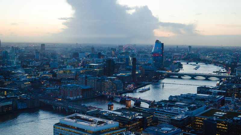 night city, dawn, aerial view, city lights, 4k