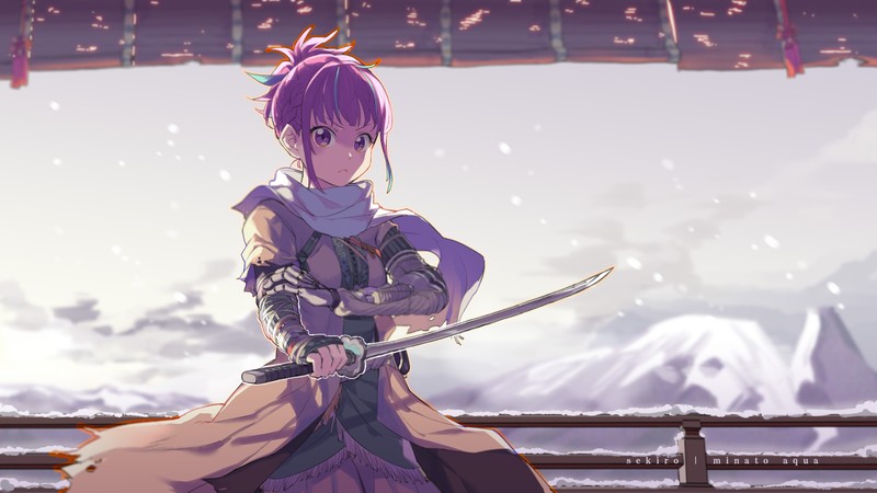 anime girls, anime, katana, scarf, blue hair, blue eyes, mountains, girls with swords, robot, snow