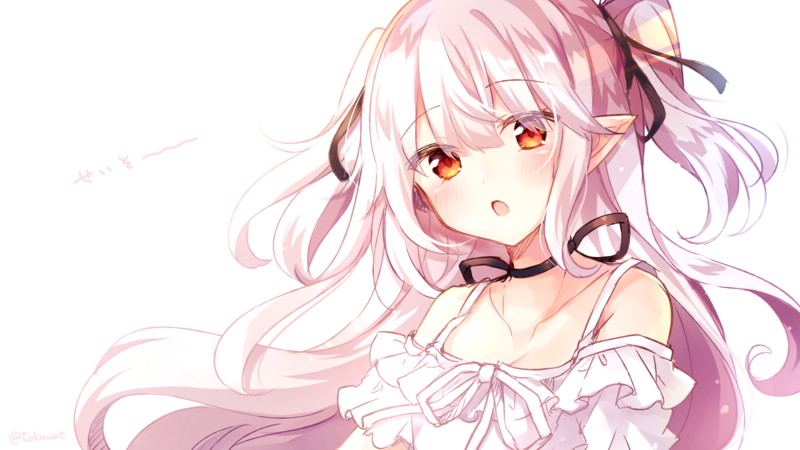 simple background, anime girls, anime, Elfs, long hair, white hair, red eyes, yellow eyes