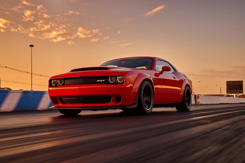 Dodge, Dodge Challenger, car, red cars, sunset, motion blur, Dodge Challenger Hellcat
