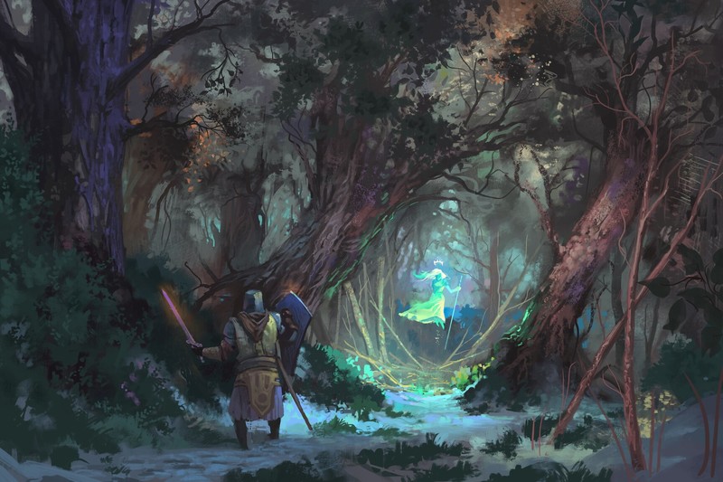 Jeremy Adams, concept art, warrior, sword, shield, men, women, forest, road, clothes, Fly, trees, grass, sheet, nature