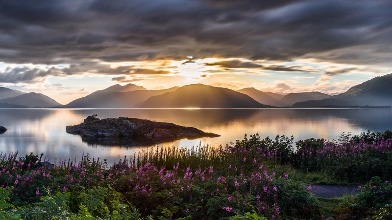 mountains, sea, flowers, sunset, sky, 4k