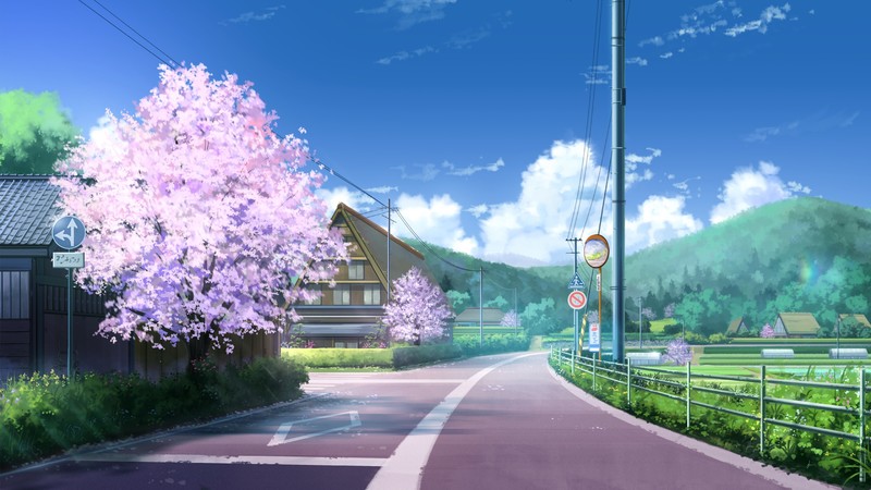 anime, cherry blossom, road, landscape, town