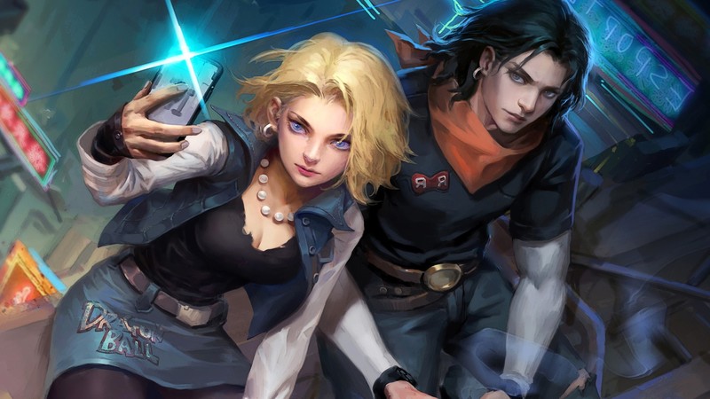 Dragon Ball Z, anime, artwork, digital art, Android 17, Android 18, selfies, portrait display