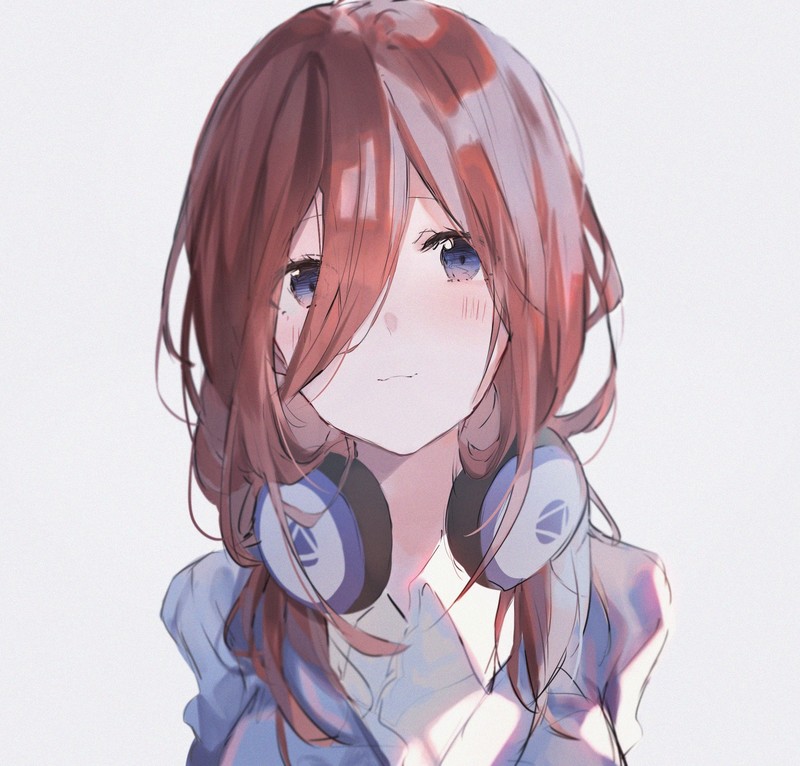 5-toubun no Hanayome, redhead, school uniform, blue eyes, headphones, long hair, Nakano Miku, digital art, simple background