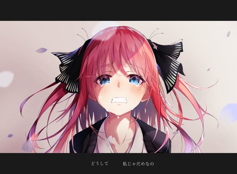 5-toubun no Hanayome, redhead, school uniform, ribbon, blue eyes, short hair, Nakano Nino, crying, digital art