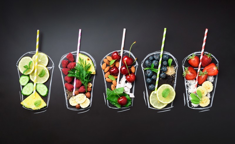 food, fruit, simple background, berries, cherries, raspberries, strawberries, lemons, blueberries, chalk, black background, smoothie, humor