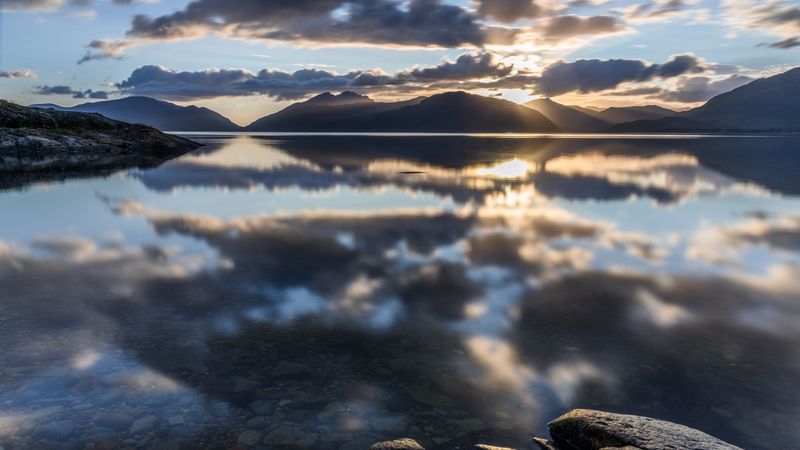 sea, stones, mountains, sunset, 4k