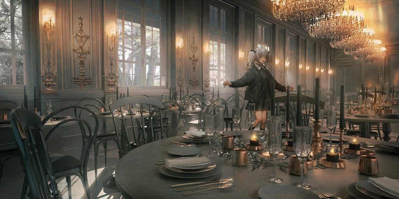 anime, anime girls, ponytail, chandeliers, candles, chair, spoons, fork, _LM7_