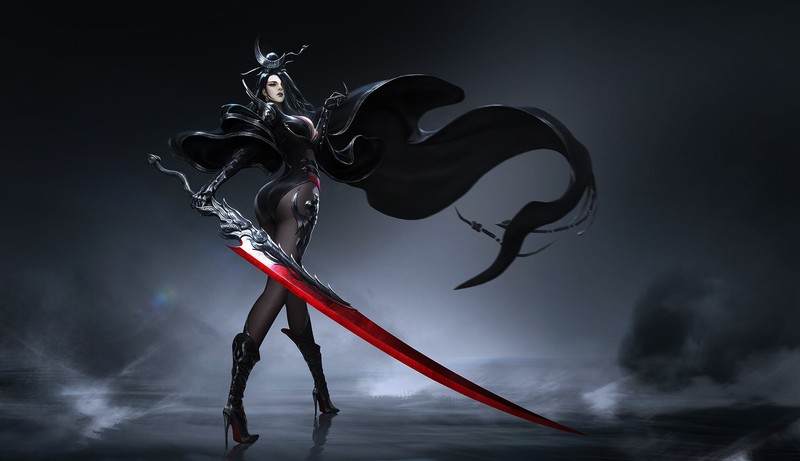 artwork, fantasy art, fantasy girl, black hair, high heeled boots, sword, weapon, boobs