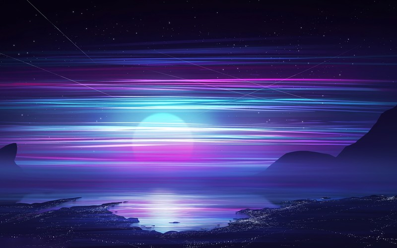 artwork, night, sky, sea, stars, Kvacm