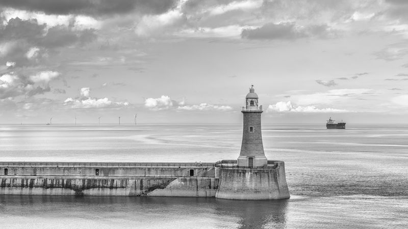 lighthouse, sea, bw, horizon, sky, clouds, 4k