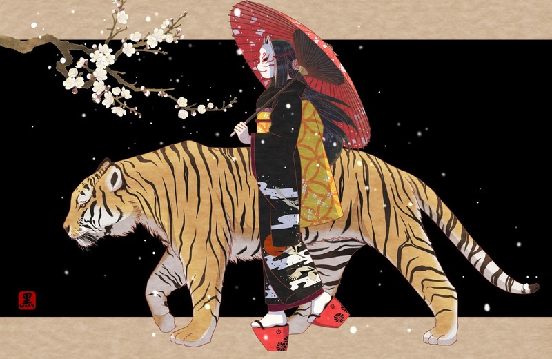 Asian, tiger, fantasy art, fantasy girl, umbrella, animals, big cats, artwork, mask