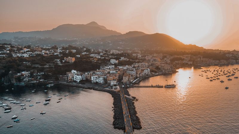 city, sea, bridge, aerial view, sunset, 4k
