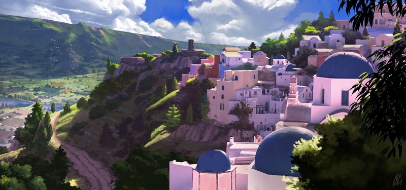 landscape, town, artwork