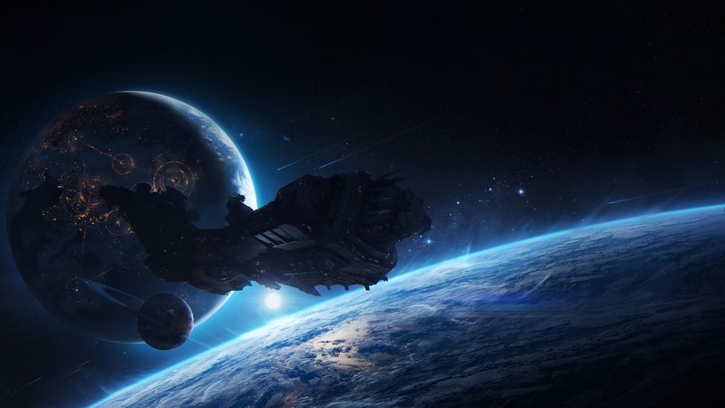 space, planet, digital art, science fiction, cyan