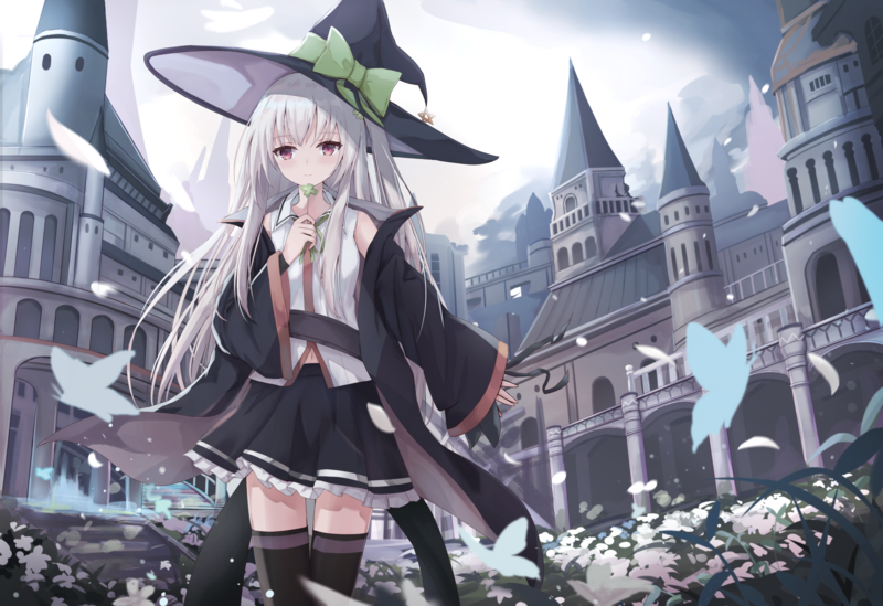 anime, anime girls, witch hat, long hair, fantasy girl, white hair, skirt, flowers