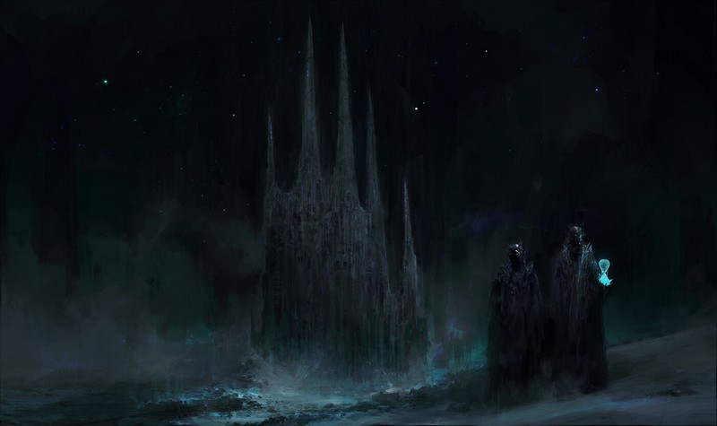 Chris Cold, castle, stars, fantasy art, skeleton, Lich, hourglasses